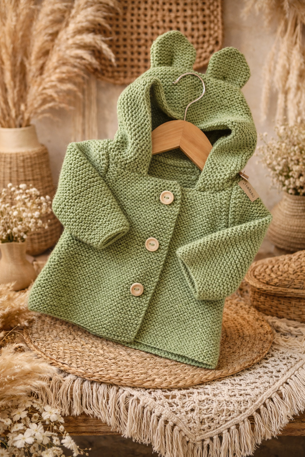 Gilet bébé en laine vert olive