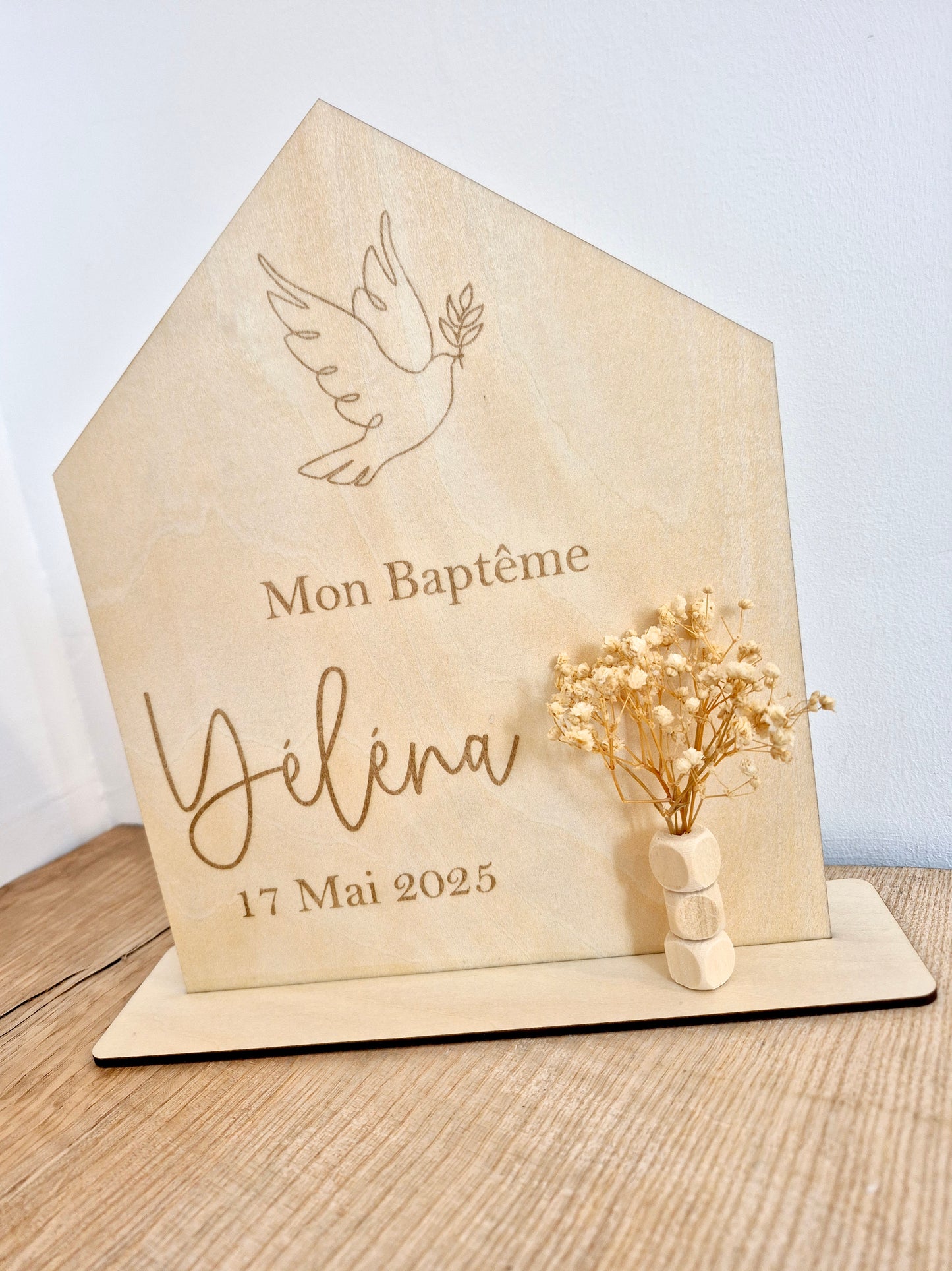 Baptême - support colombe fleurs séchées