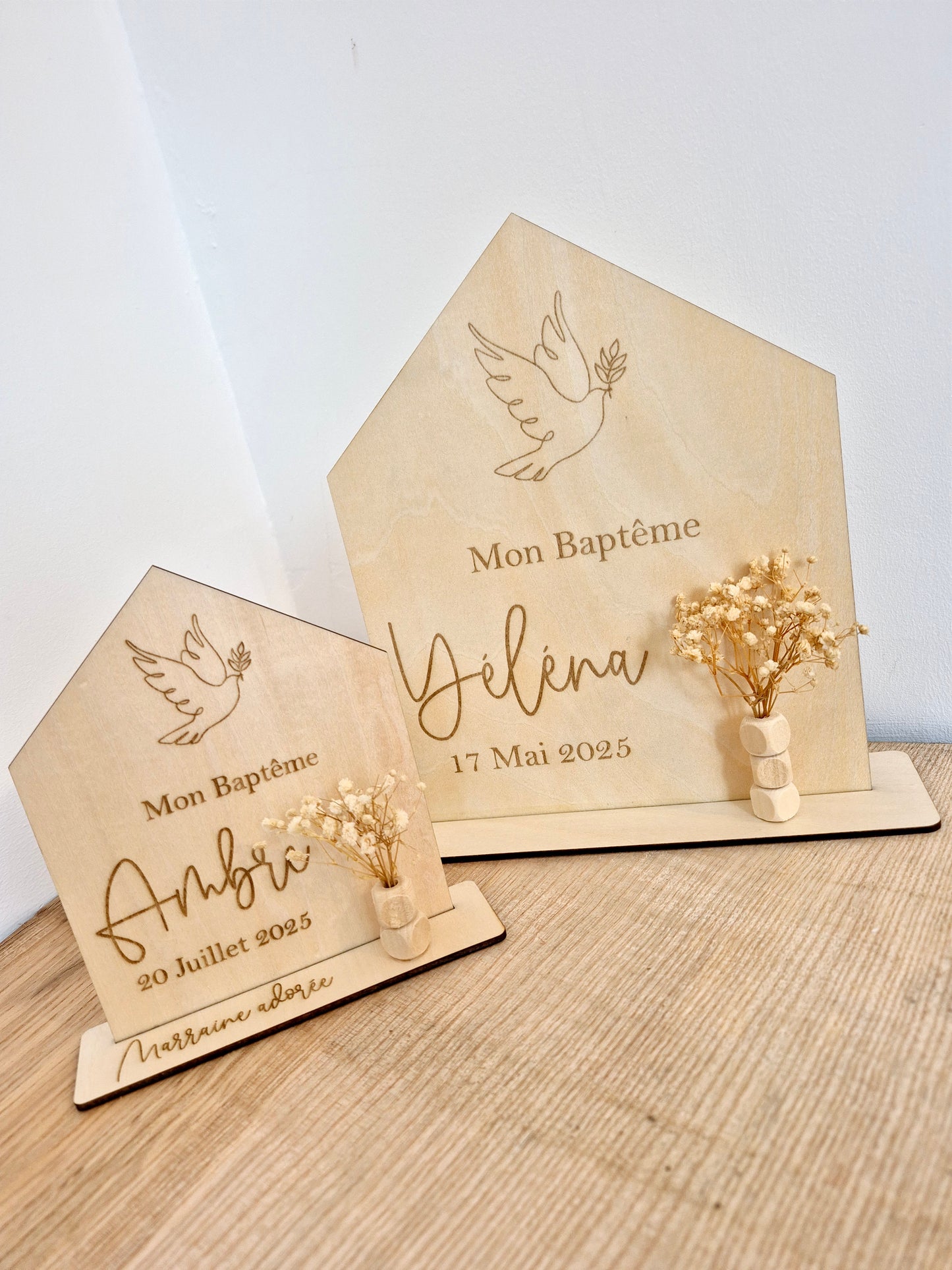 Baptême - support colombe fleurs séchées