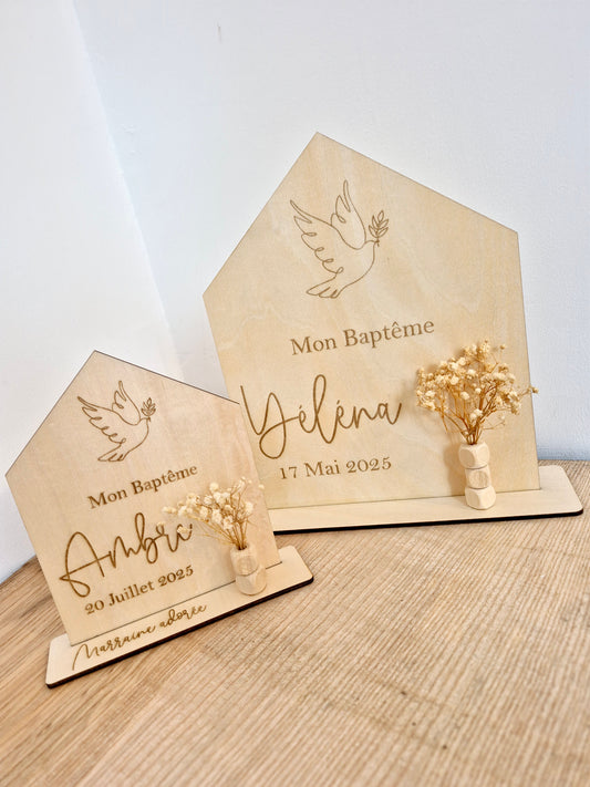 Baptême - support colombe fleurs séchées