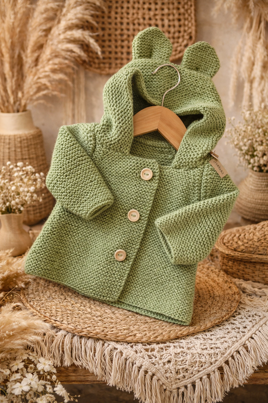 Gilet bébé en laine vert olive